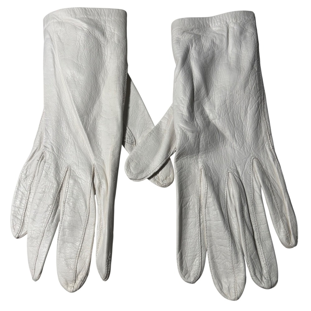 VTG White Aris of Paris Kid Leather Gloves Pearl Button Made in France 6.5